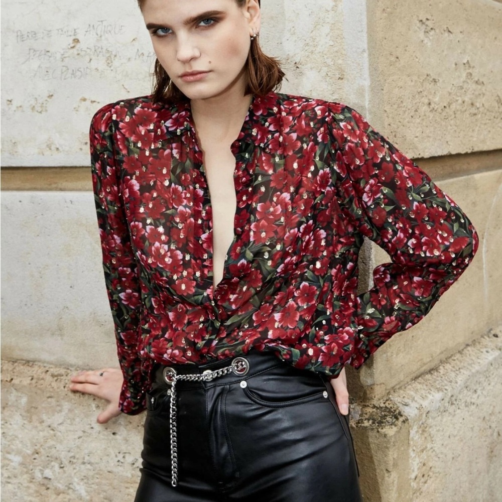 The Kooples Paris Raspberry Love Blouse Burgundy Red Floral Metallic Size 1 - Picture 1 of 14